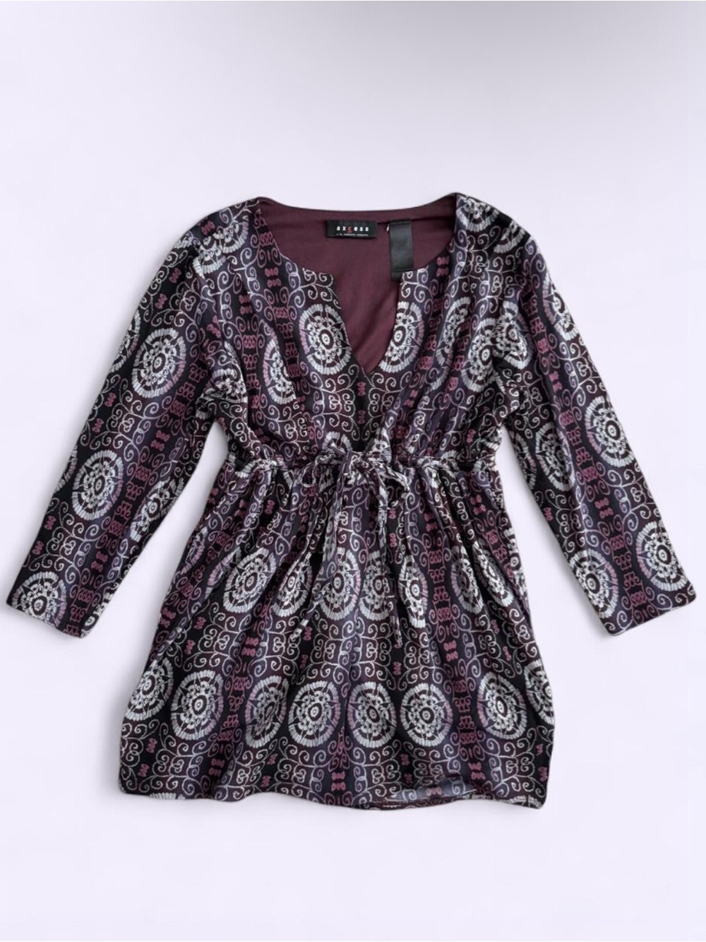 00s Purple Boho Mesh Babydoll Top Axcess Liz Claiborne Lined Body Sheer Sleeve